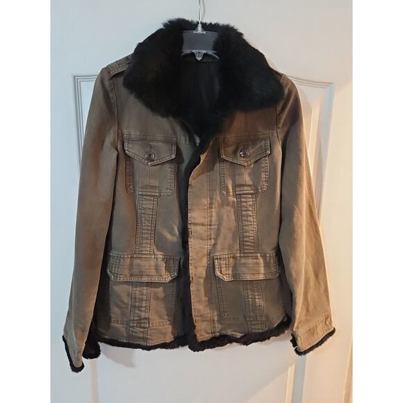 Miss Me Jackets & Blazers - Y2K S Miss Me Olive Army Jacket, Real Rabbit Fur Lined & FleurDeLis Studded Back